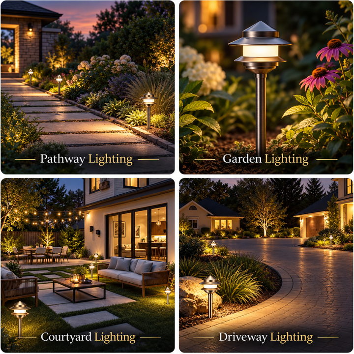 ALP73 12V Low Voltage LED Two-Tier Pagoda Path Lights Package – Solid Brass Outdoor Landscape Lighting