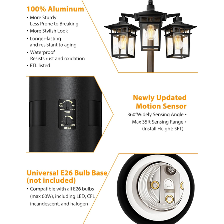 PLH04 360° Motion Sensor and Dusk-to-Dawn Classic Black Aluminum 3-Head Rectangular Post Light 87.5" Pole with Glass Panels 3 E26 Base Medium Base Socket 120V with for Garden, Exterior Lighting