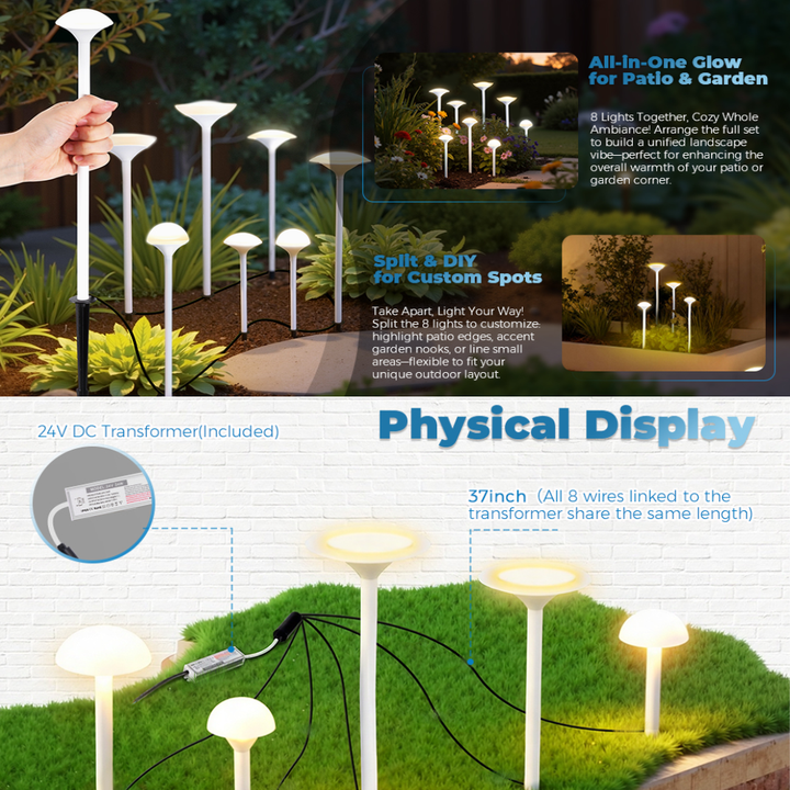 Outdoor Landscape Lighting LED 12V Low Voltage ALP71 DC24V Set of 8 White Mushroom Aluminum 3000K Warm White Integrated LED Low Voltage Path Light with Transformer Included