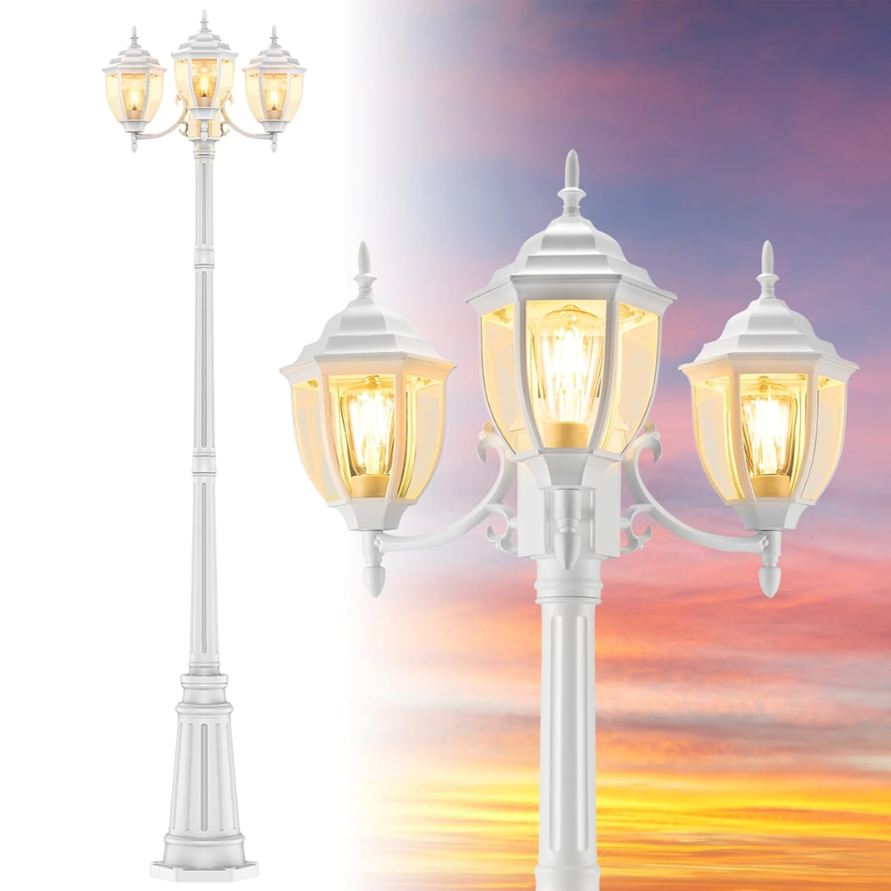 PLH02 Classic Black or White Aluminum 3-Head Post Light 92.5" Pole with Glass Panels 3 E26 Base Medium Base Socket 120V with for Garden, Exterior Lighting