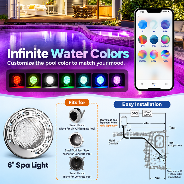 PL35 12V AC Smart LED Stainless Steel Pool Light Jacuzzi Spa RGB Color Changing Low Voltage Light, Works with Alexa, Google Assistant via Smart Life App