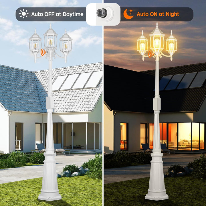 PLH01 Classic Black or White Aluminum 3-Head Post Light 95" Pole with Glass Panels 3 6W 2700K E26 Base Medium Base Included 120V with Photocell Sensor Sockets for Garden, Exterior Lighting