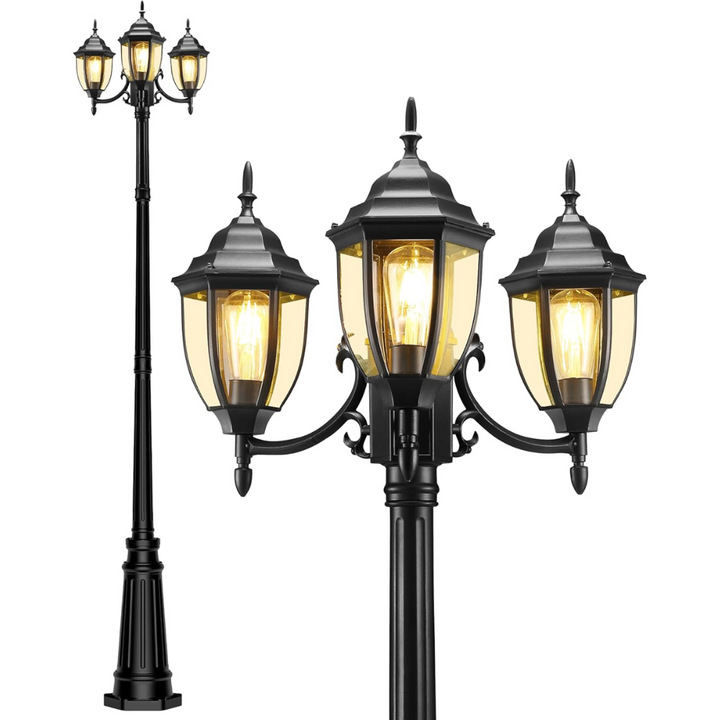 PLH02 Classic Black or White Aluminum 3-Head Post Light 92.5" Pole with Glass Panels 3 E26 Base Medium Base Socket 120V with for Garden, Exterior Lighting