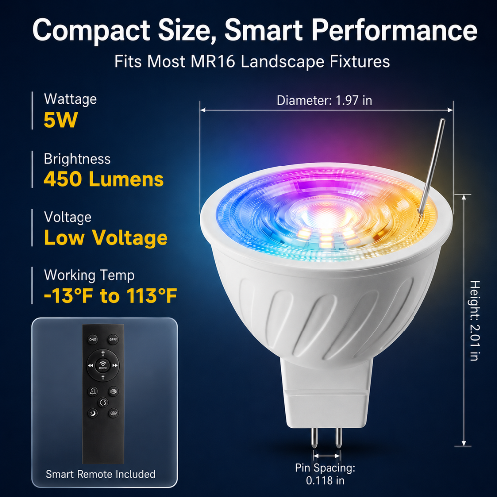 MR16 RGBCW 2700K-5000K Smart Bluetooth 5W 12V Low Voltage LED Bulbs 45° Dimmable Energy Saving Waterproof Light with Antenna and Remote Control