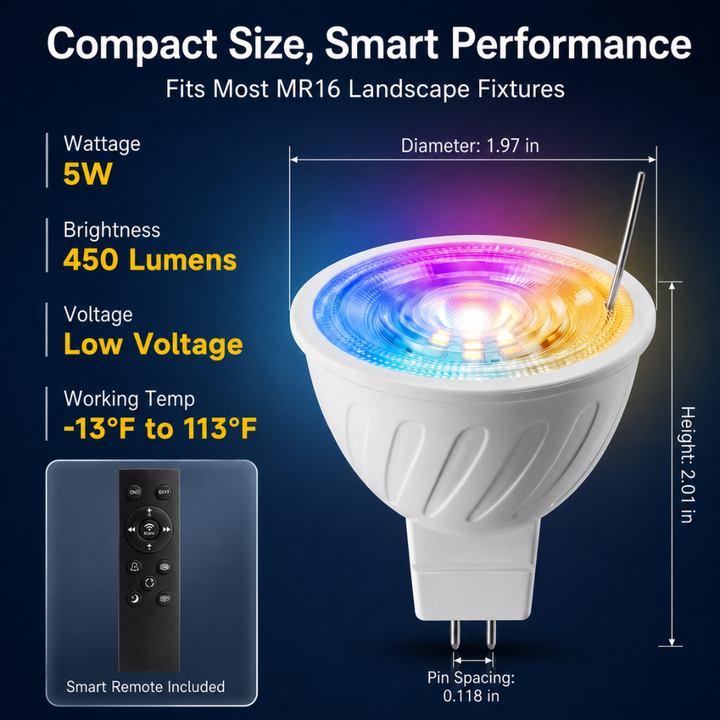 MR16 RGBCW 2700K-5000K Smart Bluetooth 5W 12V Low Voltage LED Bulbs 45° Dimmable Energy Saving Waterproof Light with Antenna and Remote Control