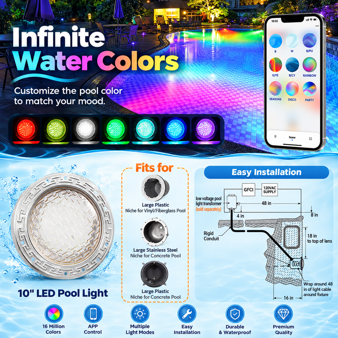 PL35 12V AC Smart LED Stainless Steel Pool Light Jacuzzi Spa RGB Color Changing Low Voltage Light, Works with Alexa, Google Assistant via Smart Life App