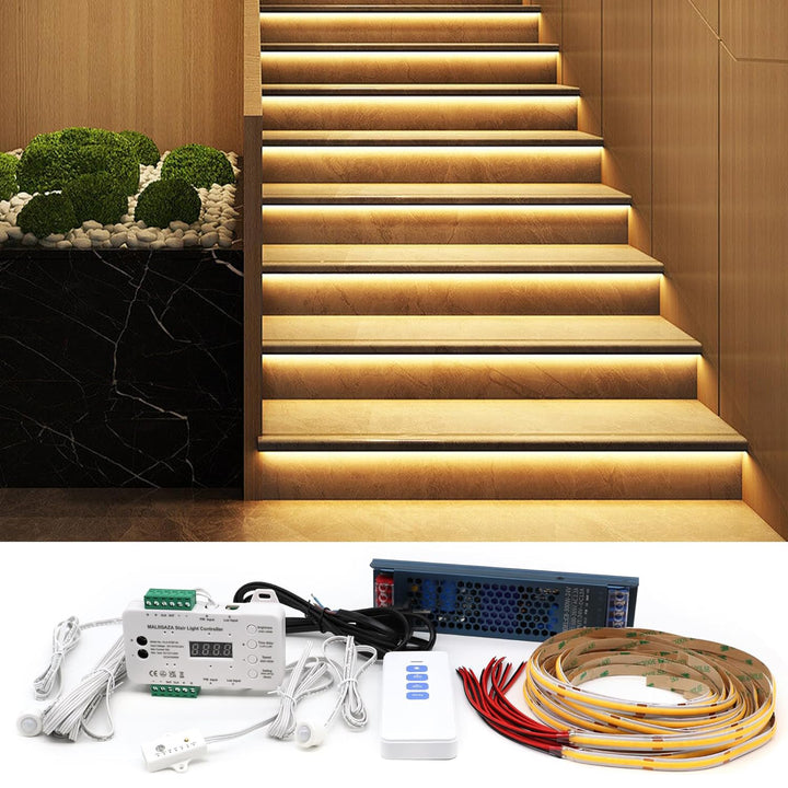 SLMS01 Intelligent Motion Sensor LED COB Strip Light Stair Light Kit 16 or 20 Stairs, Step by Step Control with Remote PIR & Light Sensor Control