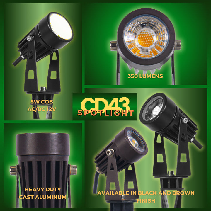 Outdoor Landscape Lighting LED 12V Low Voltage CD43 Cast Aluminum Spotlight | 5W 3000K Warm White Integrated LED 12V Low Voltage Landscape Light