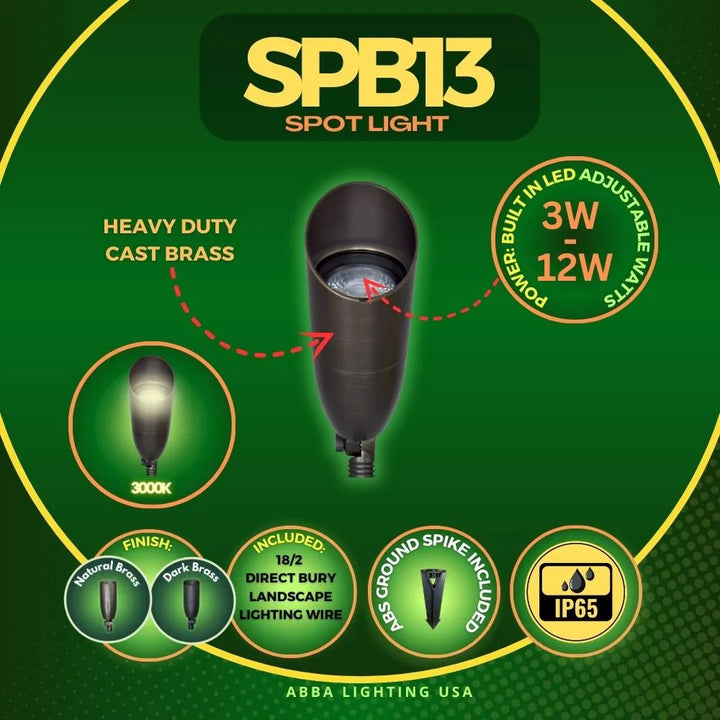 Outdoor Landscape Lighting LED 12V Low Voltage SPB13 3W-12W Adjustable Integrated LED 12V Low Voltage Outdoor Landscape Lighting Bullet Style Brass Spotlight