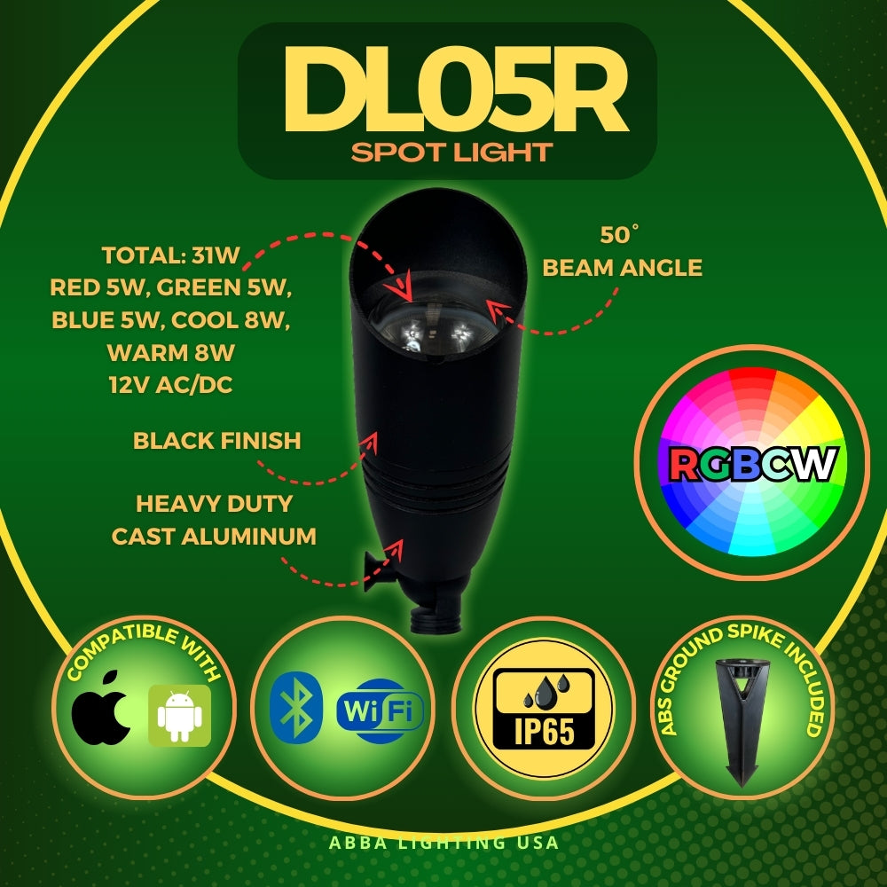 DL05R 4x/8x/12x Package Total 31W RGBCW Cast Aluminum 12V AC/DC Low Voltage Integrated LED Smooth Bullet Directional Outdoor Spotlight IP65