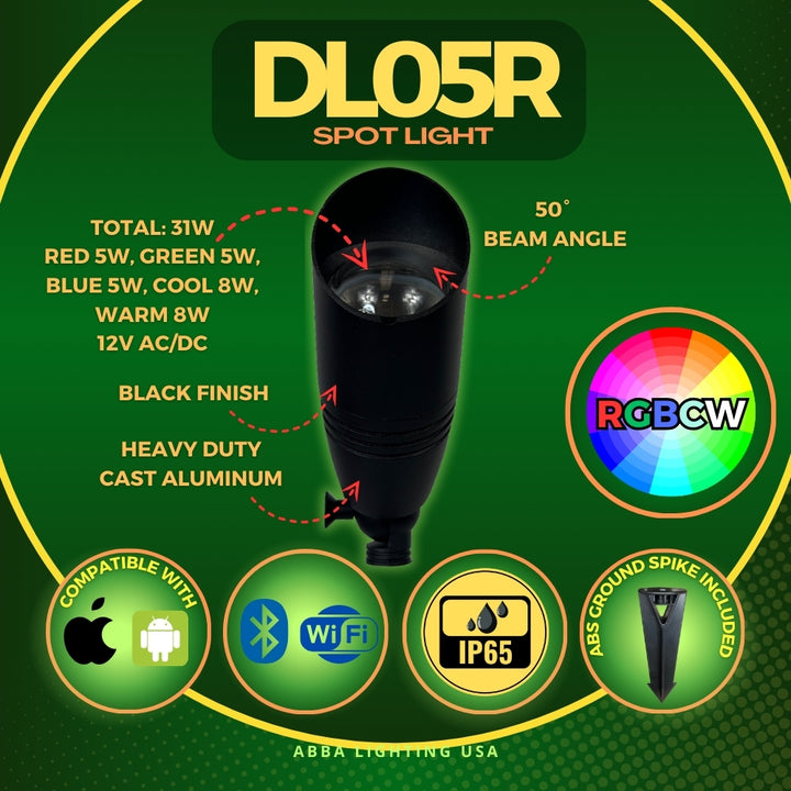 DL05R 4x/8x/12x Package Total 31W RGBCW Cast Aluminum 12V AC/DC Low Voltage Integrated LED Smooth Bullet Directional Outdoor Spotlight IP65