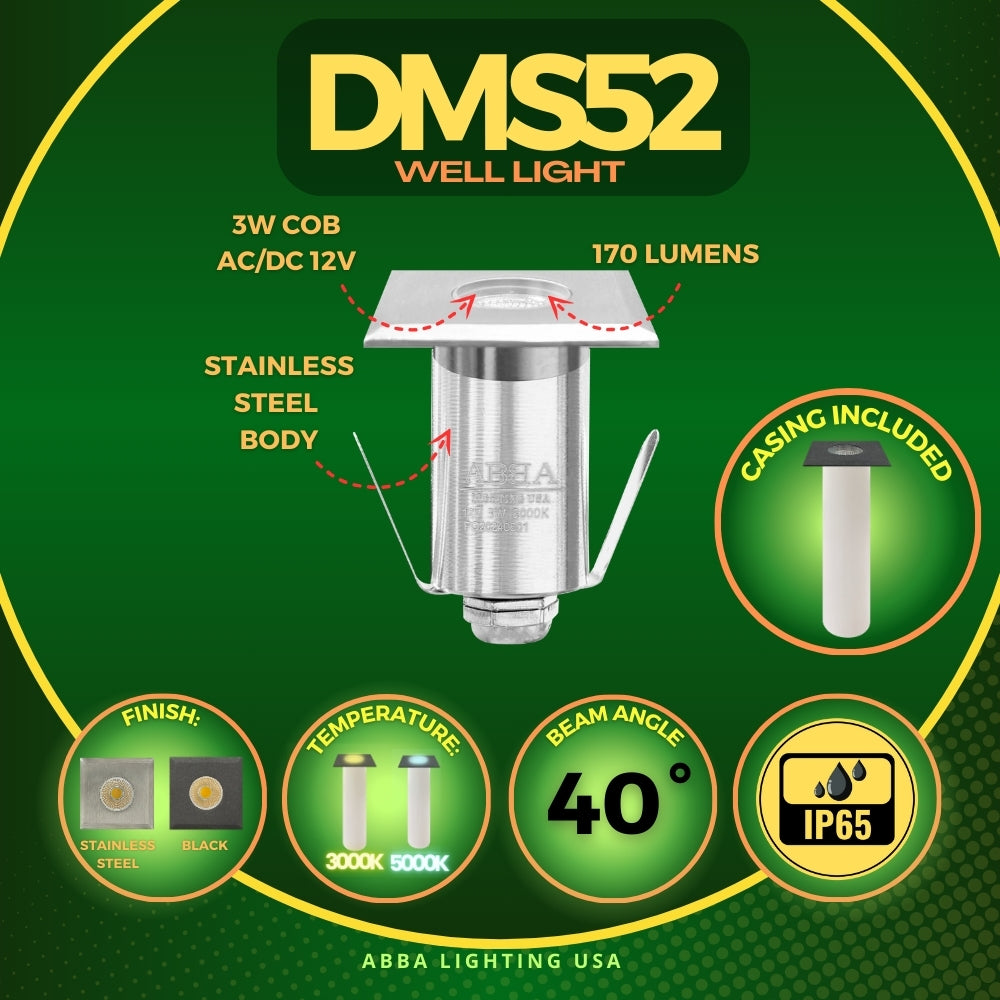 Outdoor Landscape Lighting LED 12V Low Voltage DMS52 4x/8x/12x Package 3W COB 12V Low Voltage LED Square Top Stainless Steel Waterproof In-Ground Landscape Well Light 3000K/5000K