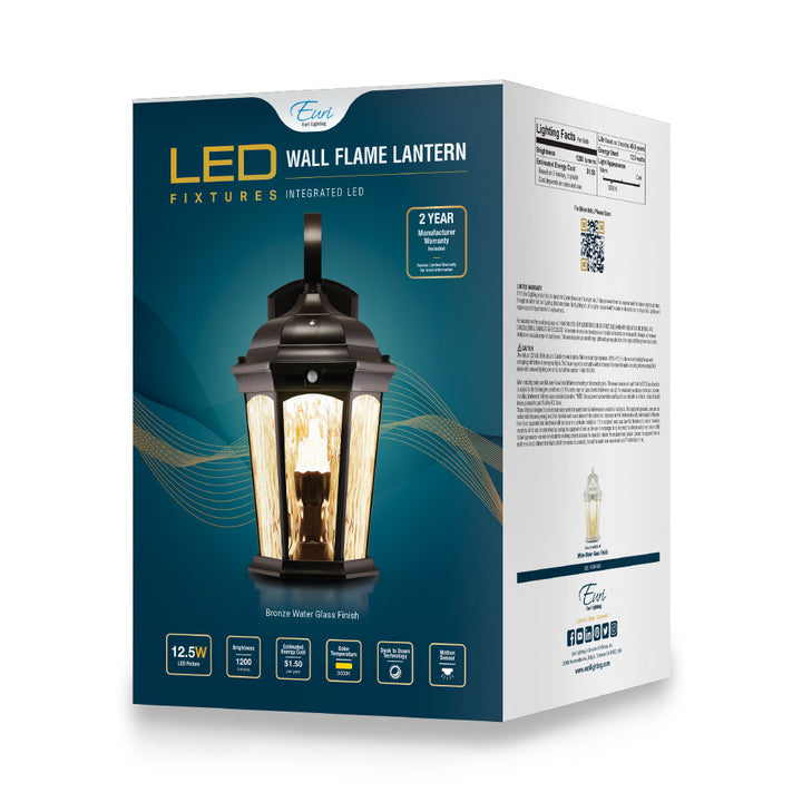 Aluminum LED Wall Flame Lantern with Water Glass 12.5W 1200lm 3000K with Flame Bulb Effect Fixture with Photocell and Motion Sensor Integrated LED Line Voltage 120V AC IP65 Waterproof
