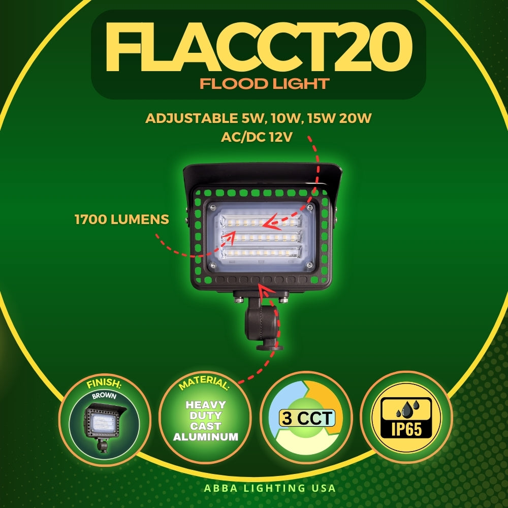 Outdoor Landscape Lighting LED 12V Low Voltage FLACCT20 Bronze 4x/8x/12x Package 12V Low Voltage Adjustable CCT and Wattage 5W-20W Outdoor LED Landscape Lighting Aluminum Floodlight