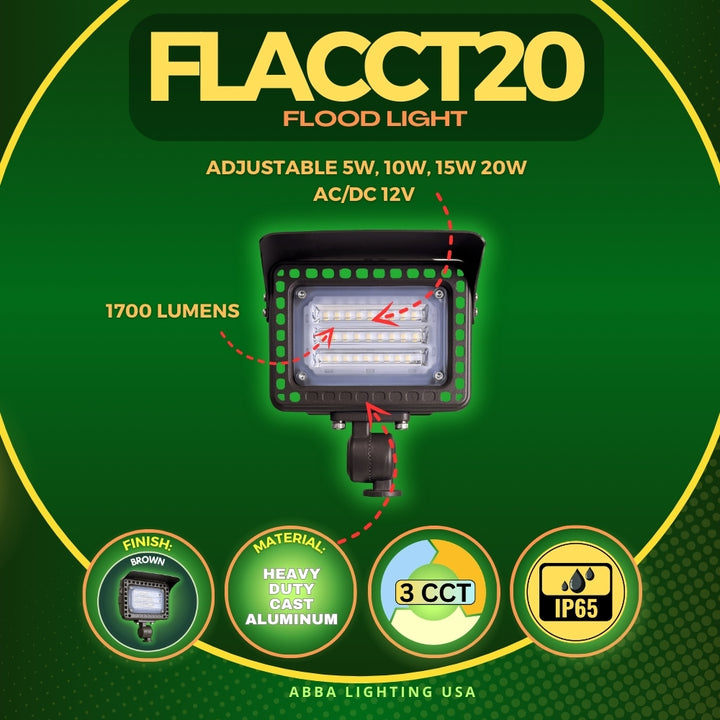 Outdoor Landscape Lighting LED 12V Low Voltage FLACCT20 Bronze 4x/8x/12x Package 12V Low Voltage Adjustable CCT and Wattage 5W-20W Outdoor LED Landscape Lighting Aluminum Floodlight