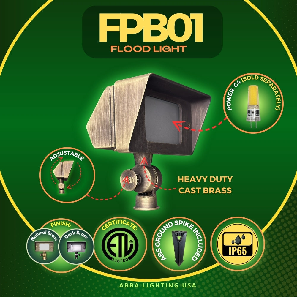 Outdoor Landscape Lighting LED 12V Low Voltage FPB01 4x/8x/12x Package Brass Rectangular LED Directional Floodlight Adjustable Lighting 3W 3000K Bulb