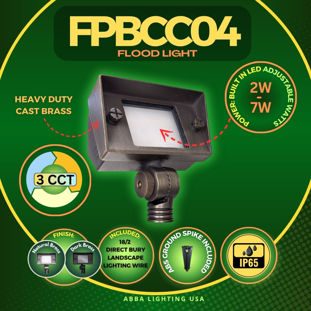Outdoor Landscape Lighting LED 12V Low Voltage FPBCC04 4x/8x/12x Package Cast Brass 3CCT Adjustable 2W-7W Rectangular Built-In LED Floodlight 12V Low Voltage Fixture