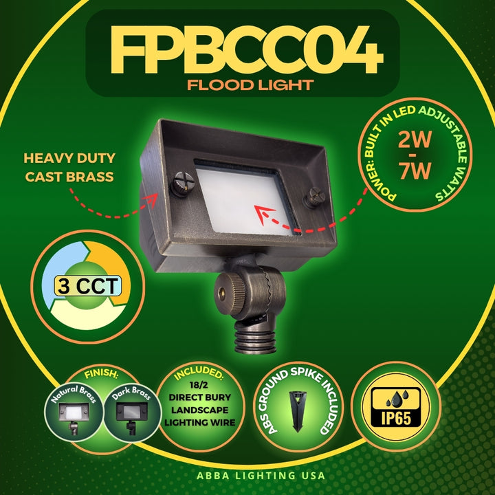 Outdoor Landscape Lighting LED 12V Low Voltage FPBCC04 Cast Brass 3CCT Adjustable 2W-7W Rectangular Built-In LED Floodlight Low Voltage Fixture