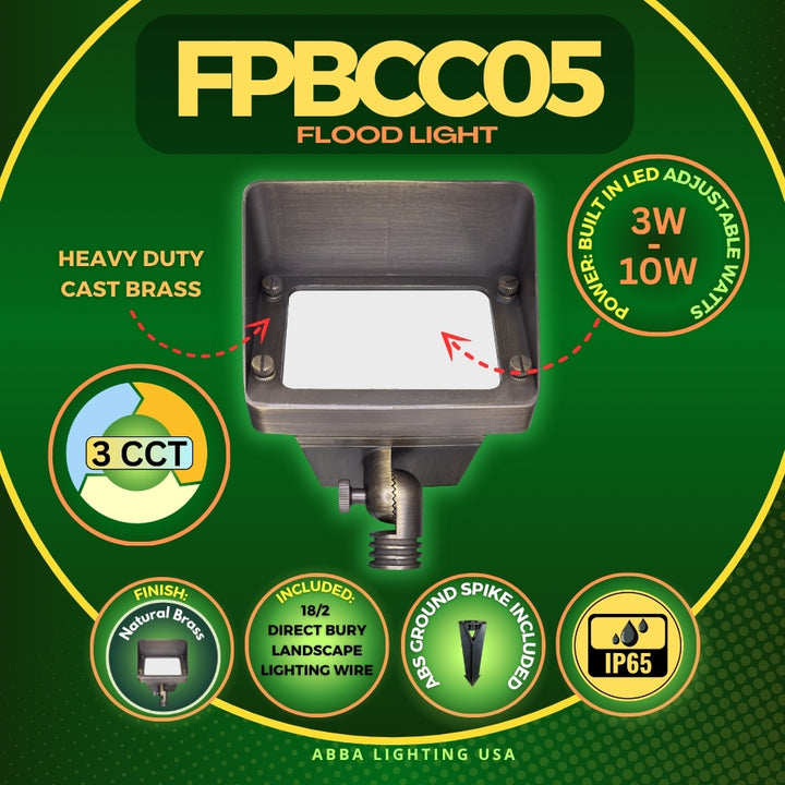 Outdoor Landscape Lighting LED 12V Low Voltage FPBCC05 4x/8x/12x Package Cast Brass 3CCT Adjustable 3W-10W Rectangular Built-In LED Floodlight 12V Low Voltage Fixture