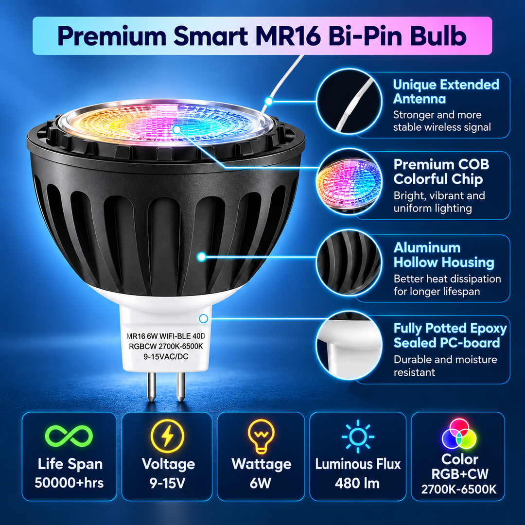 Outdoor Landscape Lighting LED 12V Low Voltage RGBCW MR16 6W Smart WIFI Bluetooth Control LED Light Bulb 6 Pack, Energy Saving RGBCW Color Changing 2700K-6500K 12V Outdoor LED Bulb Compatible with Alexa and Google Assistant