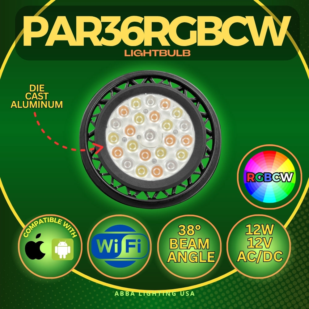 Outdoor Landscape Lighting LED 12V Low Voltage PAR36 12W LED RGB + Tunable 2700K-5000K, 12W, Smartphone Controlled, Dimmable, W-Fi Controlled IP67 Waterproof Low Voltage Bulbs