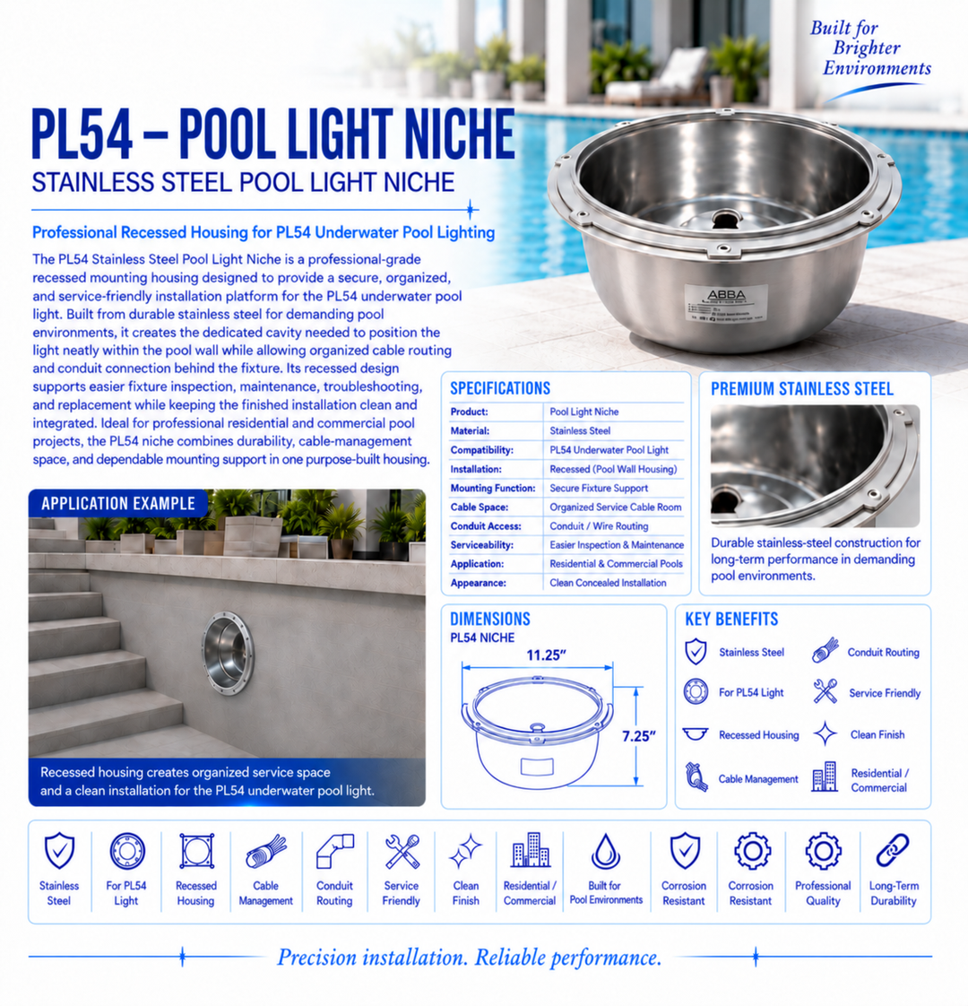 PL54 Stainless Steel Pool Light Niche | Recessed Housing for Underwater Pool Lighting