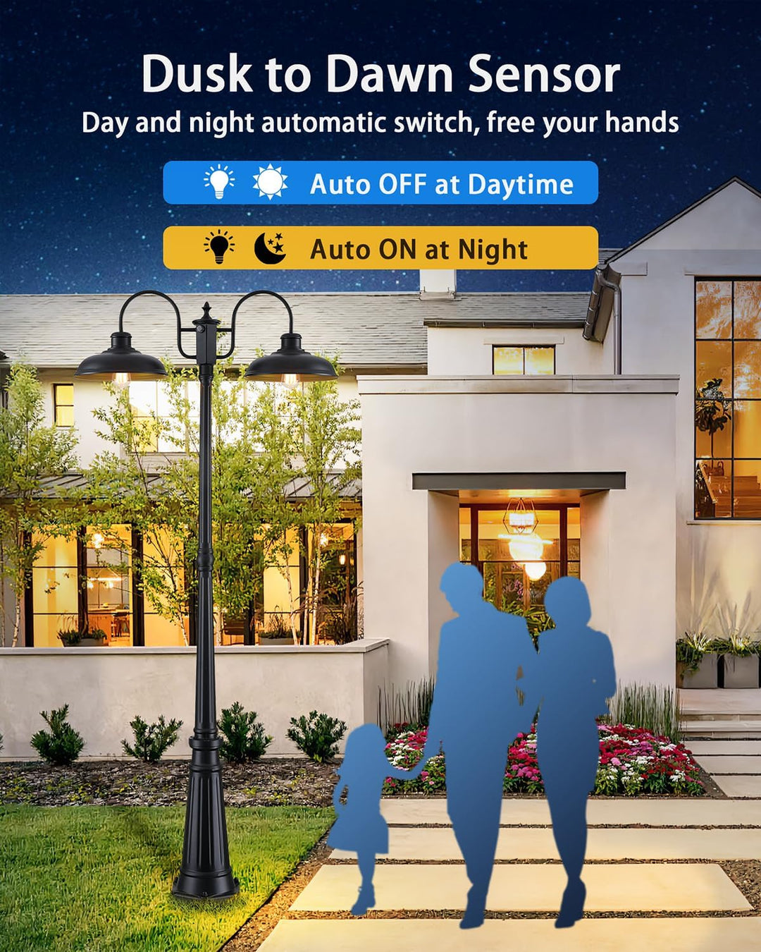 Outdoor Landscape Lighting LED 12V Low Voltage PLH05 - Dusk to Dawn 2-Head Outdoor Lamp Post Light with Sensor