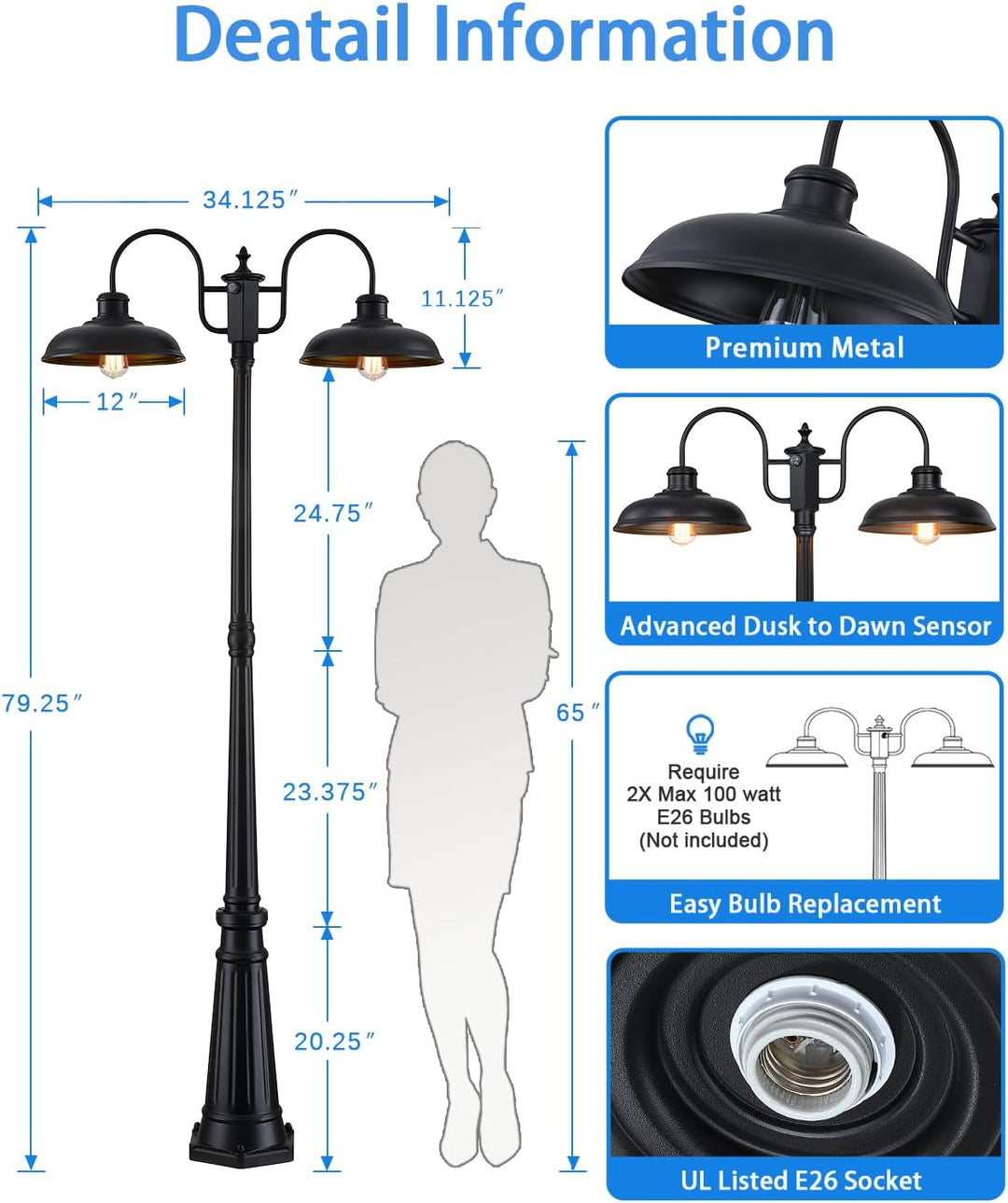 Outdoor Landscape Lighting LED 12V Low Voltage PLH05 - Dusk to Dawn 2-Head Outdoor Lamp Post Light with Sensor