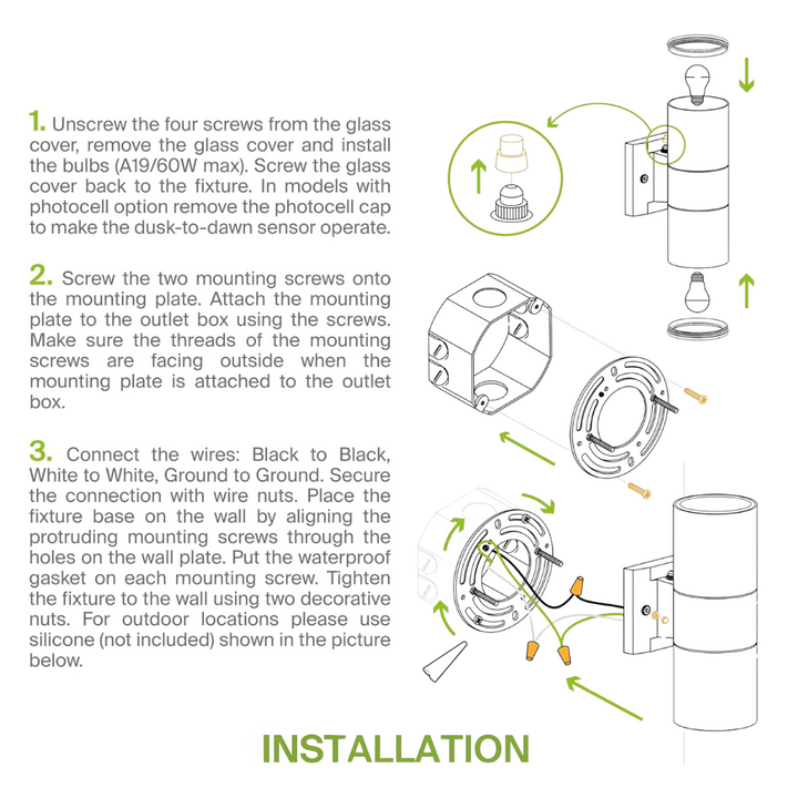 SCSH02 120V Line Voltage LED Aluminum Cylinder Up Down Light 2 Directional Sconce Lighting Medium Base Sockets