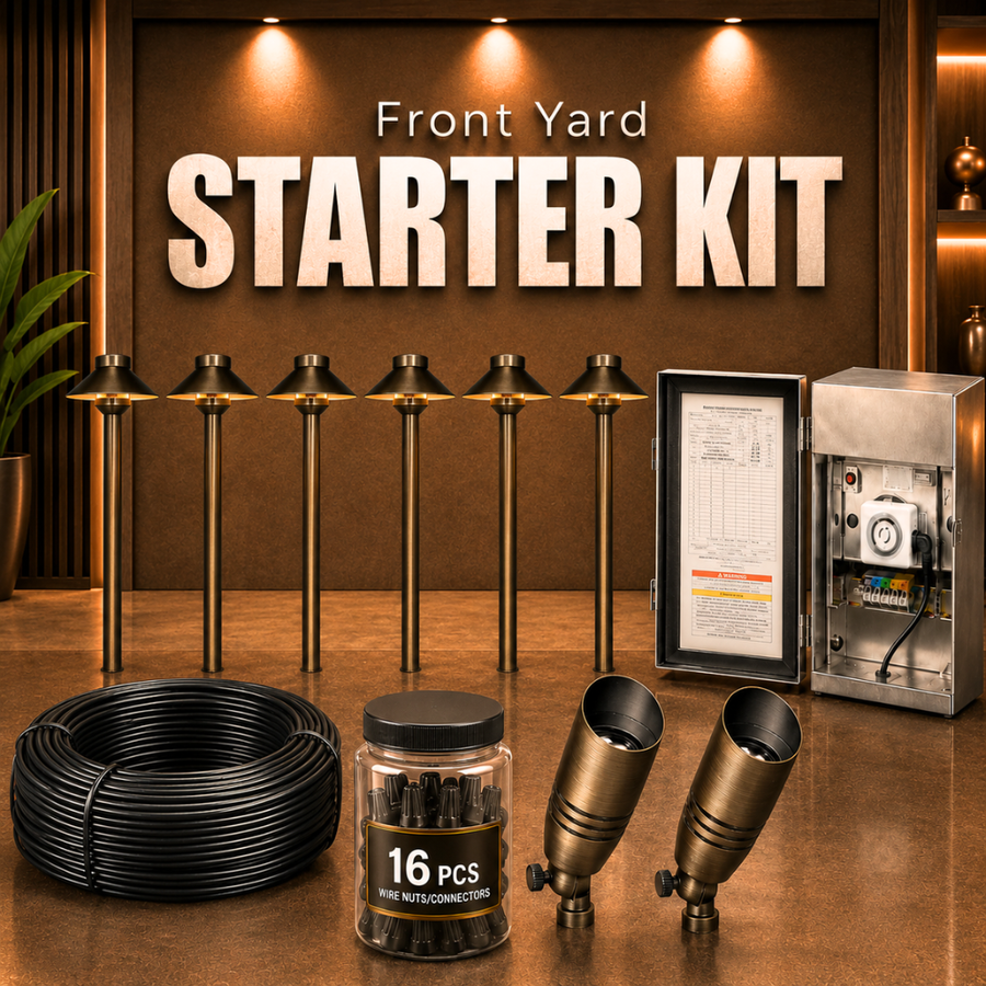 Outdoor Landscape Lighting LED 12V Low Voltage Complete Brass Landscape Lighting Kit: Spotlights, Path Lights, Transformer, Wire & All Required Components Starter Kit: (2) SPB06 | (6) PLB02