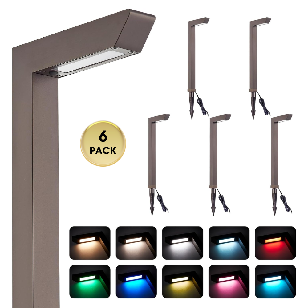 Outdoor Landscape Lighting LED 12V Low Voltage ALP75 6-Pack Low Voltage Landscape Lighting Pathway Lights Package, 5W RGB Color Changing L-Shaped Landscape Lights, IP65 Waterproof, Bronze Aluminum Outdoor Landscape Path Lights