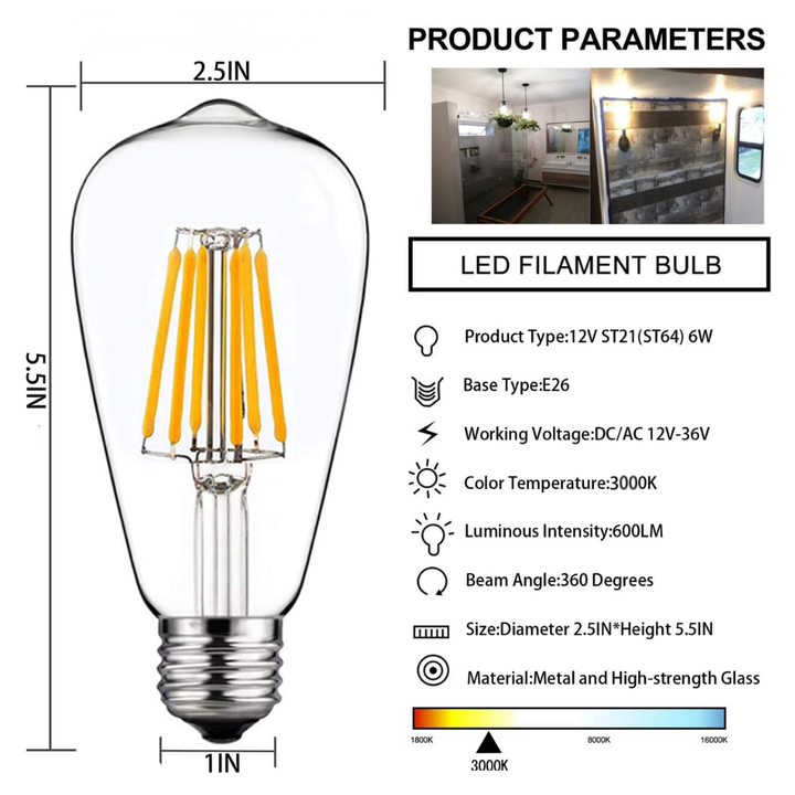 E26 6W 12V-36V 2700K/3000K/6000K AC/DC LED Filament Edison Bulbs Package Dimmable Energy Saving Low Voltage Light Bulb