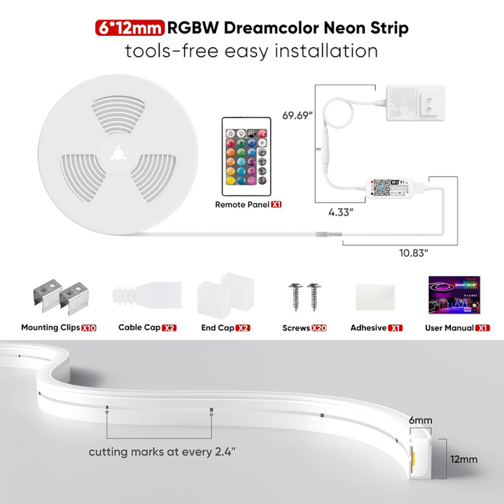SLNR15 Dotless Neon RGB + Warm White 2800K or Cool White 6000K LED Strip Light Remote and Wi-Fi App Control DC24V IP65 Outdoor Rated Dimmable Silicone Strip Light Screws, Mounting Clips, End Cap, Screws, Remote Control and Controller with Power Cable