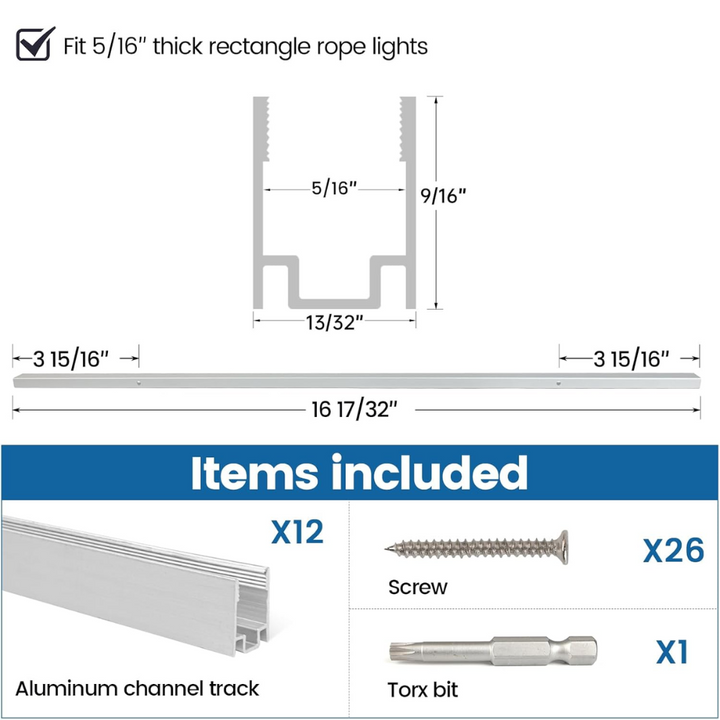 AC13 12-Pack 16.5"/1.37ft Aluminum Channel Track for 6mm and 8mm LED Silicon Neon Strip Lights Package