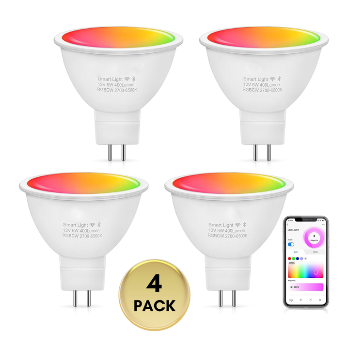 RGBCW MR16 5W Smart WIFI LED Light Bulb 4 Pack, Energy Saving RGBCW Color Changing 12V Outdoor LED Bulb Package Compatible with Alexa, Google Assistant, and Siri