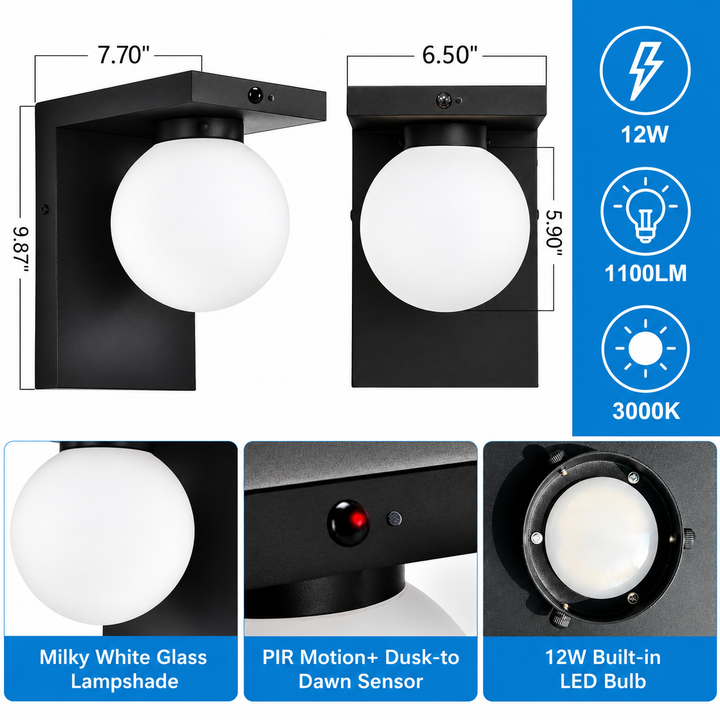 Outdoor Landscape Lighting LED 12V Low Voltage SCH23MS 12W 1100LM 3000K Motion Sensor Frosted Glass Globe Wall Sconce Light 120V Line Voltage