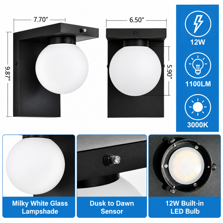 Outdoor Landscape Lighting LED 12V Low Voltage SCH23PC 12W 1100LM 3000K Dusk-to-Dawn Frosted Glass Globe Wall Sconce Light 120V Line Voltage