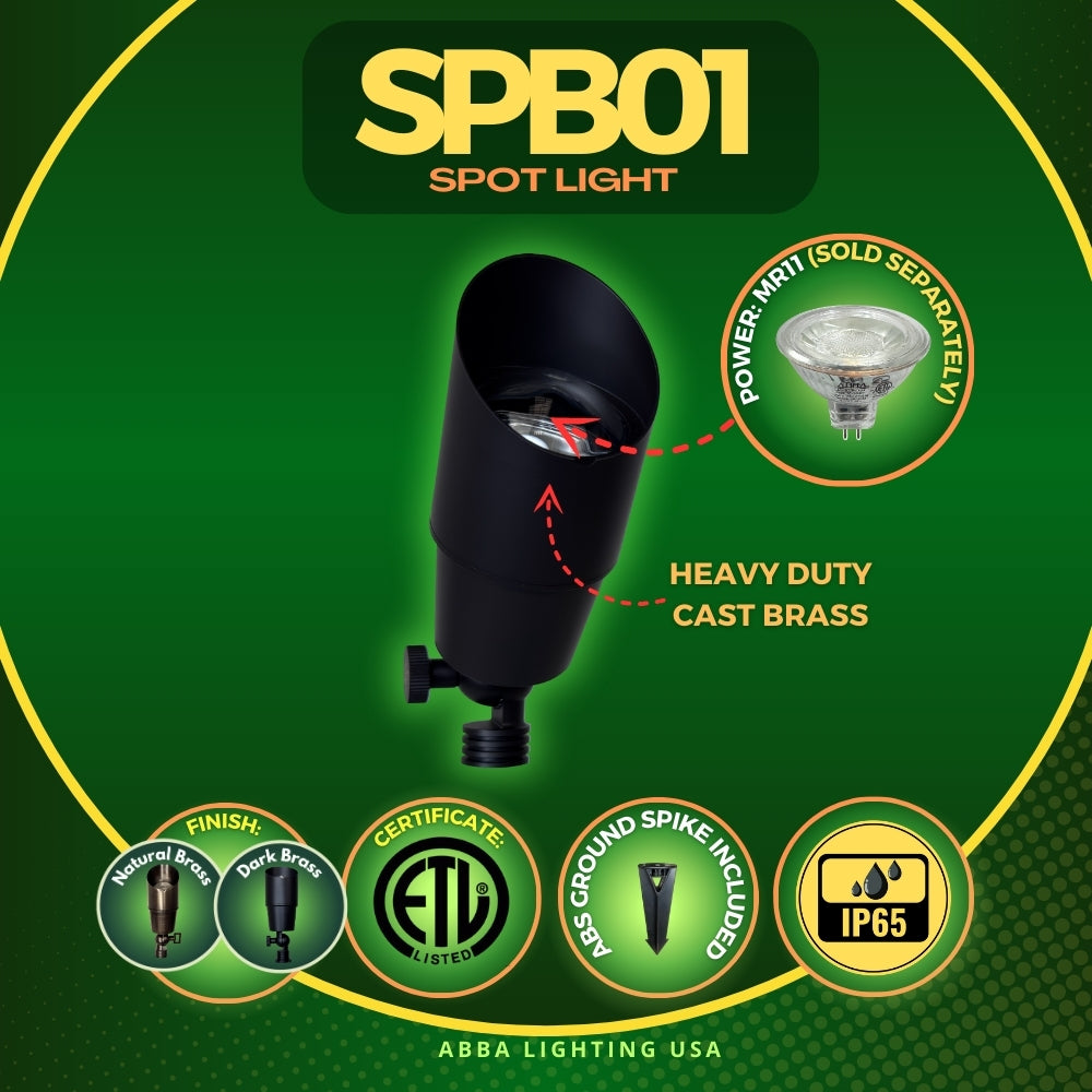 SPB01 Cast Brass Spotlight | Lamp Ready 12V Low Voltage Landscape Light