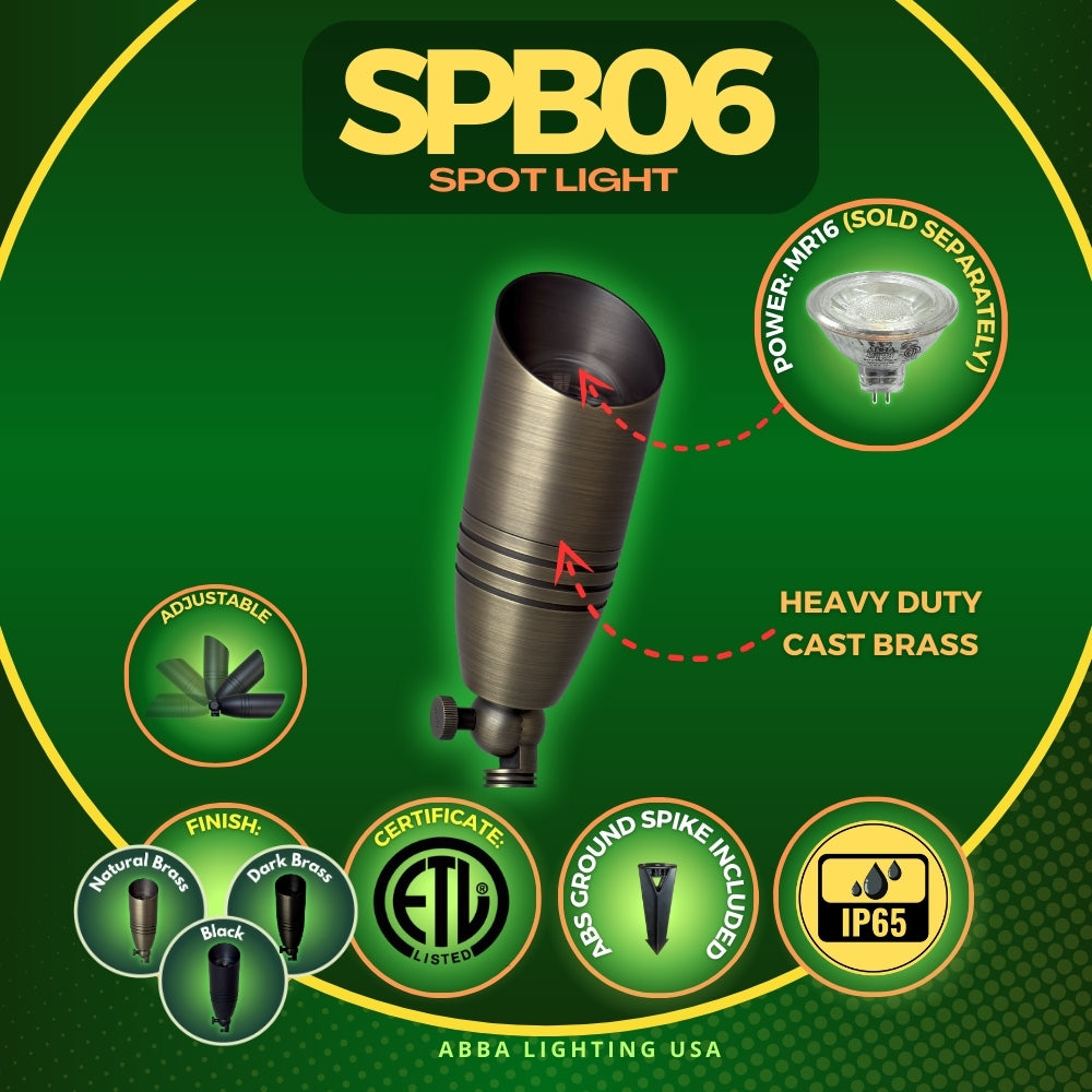 SPB06 Cast Brass Spotlight | Lamp Ready 12V Low Voltage Landscape Light