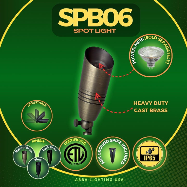 SPB06 Cast Brass Spotlight | Lamp Ready 12V Low Voltage Landscape Light