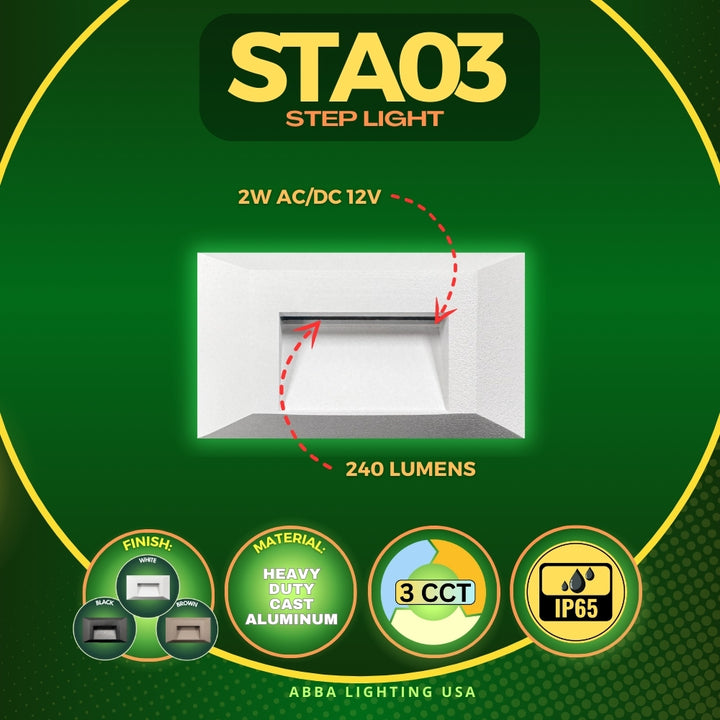 Outdoor Landscape Lighting LED 12V Low Voltage STA03 4x/8x/12x Package 2+2+2W 3CCT 3000K/4000K/5000K 12V Low Voltage Cast Aluminum Rectangular Surface Mount LED Stair Step or Deck Light