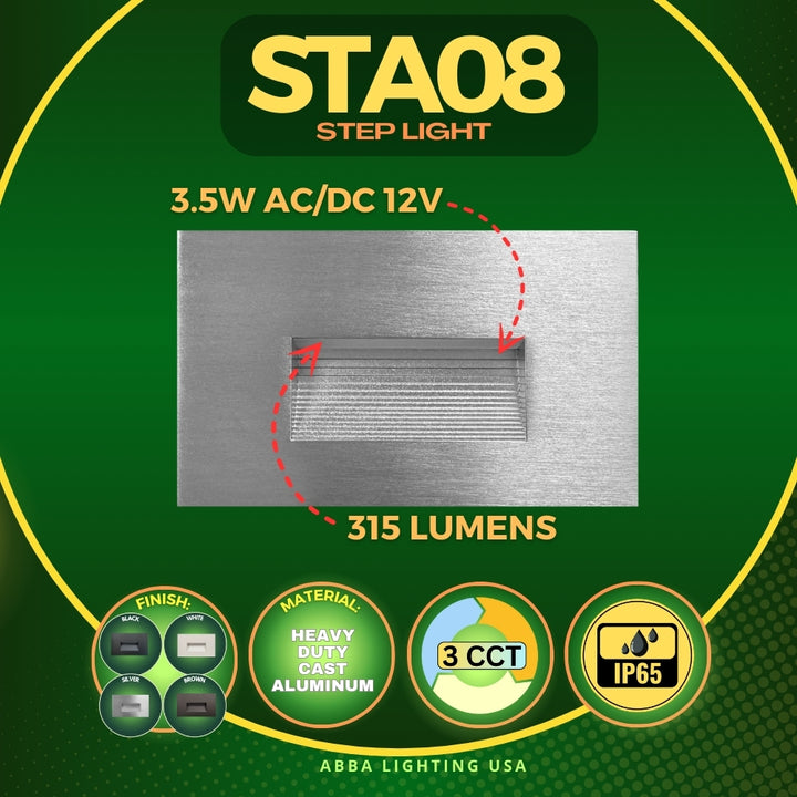 Outdoor Landscape Lighting LED 12V Low Voltage STA08 4x/8x/12x Package 3.5W 12V Low Voltage 3CCT Rectangular Waterproof Horizontal LED Aluminum Stair Step Light Fixture
