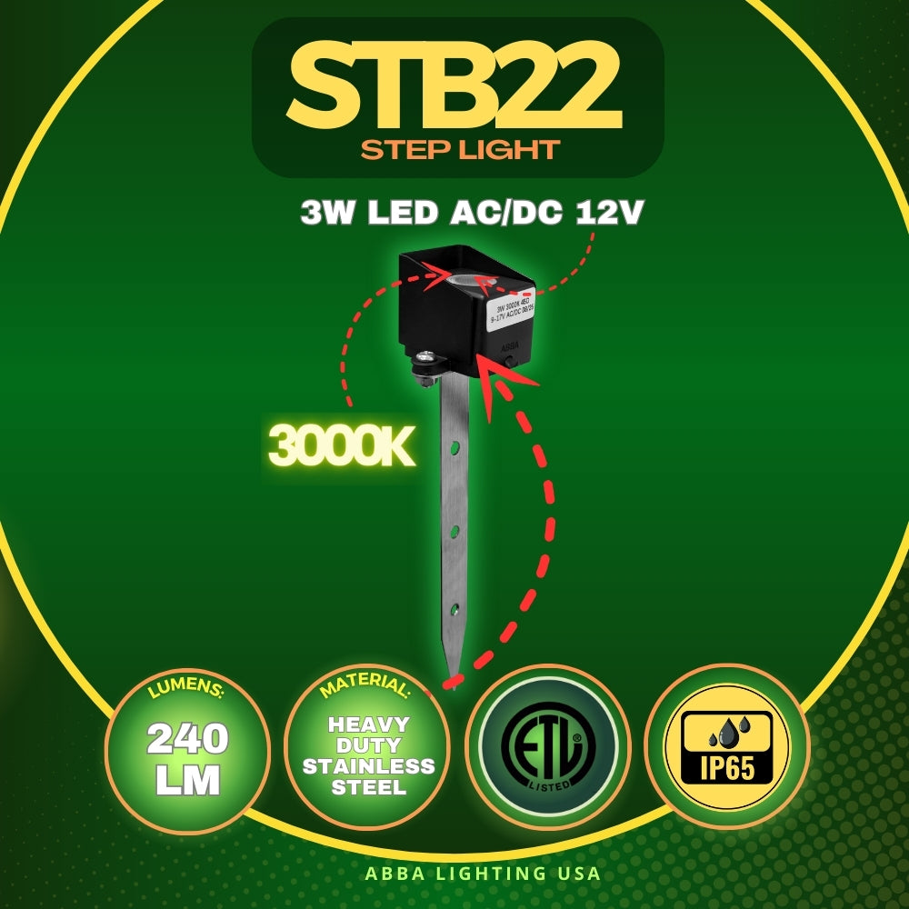 STB22 3W 3000K 240LM Cast Brass LED Mini Step Light with Stainless Steel Stake 12V Low Voltage Landscape Lighting