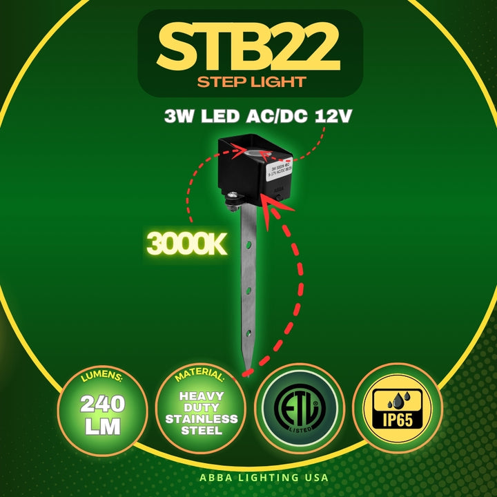 STB22 3W 3000K 240LM Cast Brass LED Mini Step Light with Stainless Steel Stake 12V Low Voltage Landscape Lighting