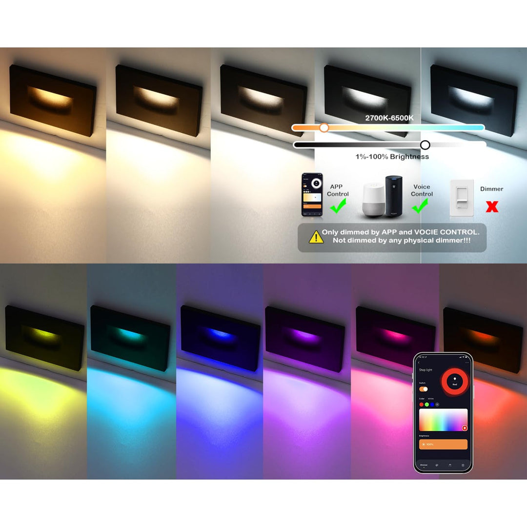 Outdoor Landscape Lighting LED 12V Low Voltage STRA07 6-Pack Line Voltage 120V 3W Wi-Fi RGBCW Color Changing 2700K-6500K Rectangular Waterproof Horizontal LED Stairs Step Light Fixture Package