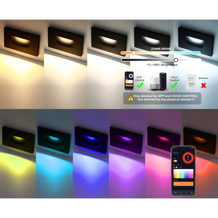 Outdoor Landscape Lighting LED 12V Low Voltage STRA07 6-Pack Line Voltage 120V 3W Wi-Fi RGBCW Color Changing 2700K-6500K Rectangular Waterproof Horizontal LED Stairs Step Light Fixture Package