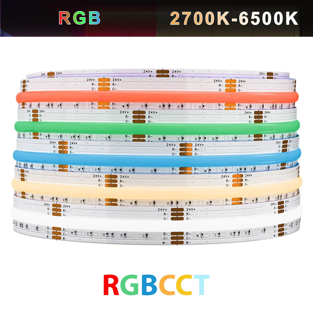 SLD09 Dotless Linear LED RGB CCT Color Changing and Tunable White 16.4ft (5M) 5.5W/ft COB Strip Lights IP20/IP67 Low Voltage 12mm DC24V Tape Light