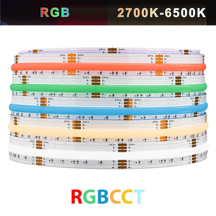 SLD09 Dotless Linear LED RGB CCT Color Changing and Tunable White 16.4ft (5M) 5.5W/ft COB Strip Lights IP20/IP67 Low Voltage 12mm DC24V Tape Light