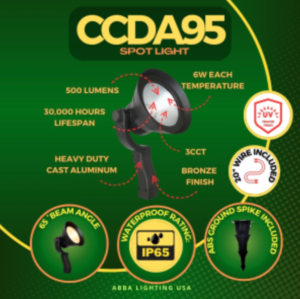 CCDA95 7W LED 3CCT Wide Beam Directional Outdoor Landscape Lighting 12 Low Voltage Aluminum Spotlight