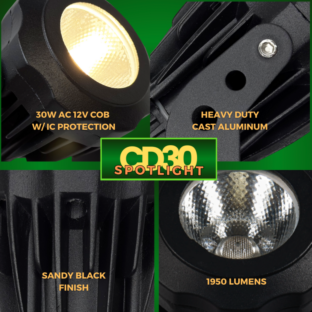 CD30 Cast Aluminum Spotlight | 30W 3000K Warm White Integrated LED AC12V Low Voltage Landscape Light